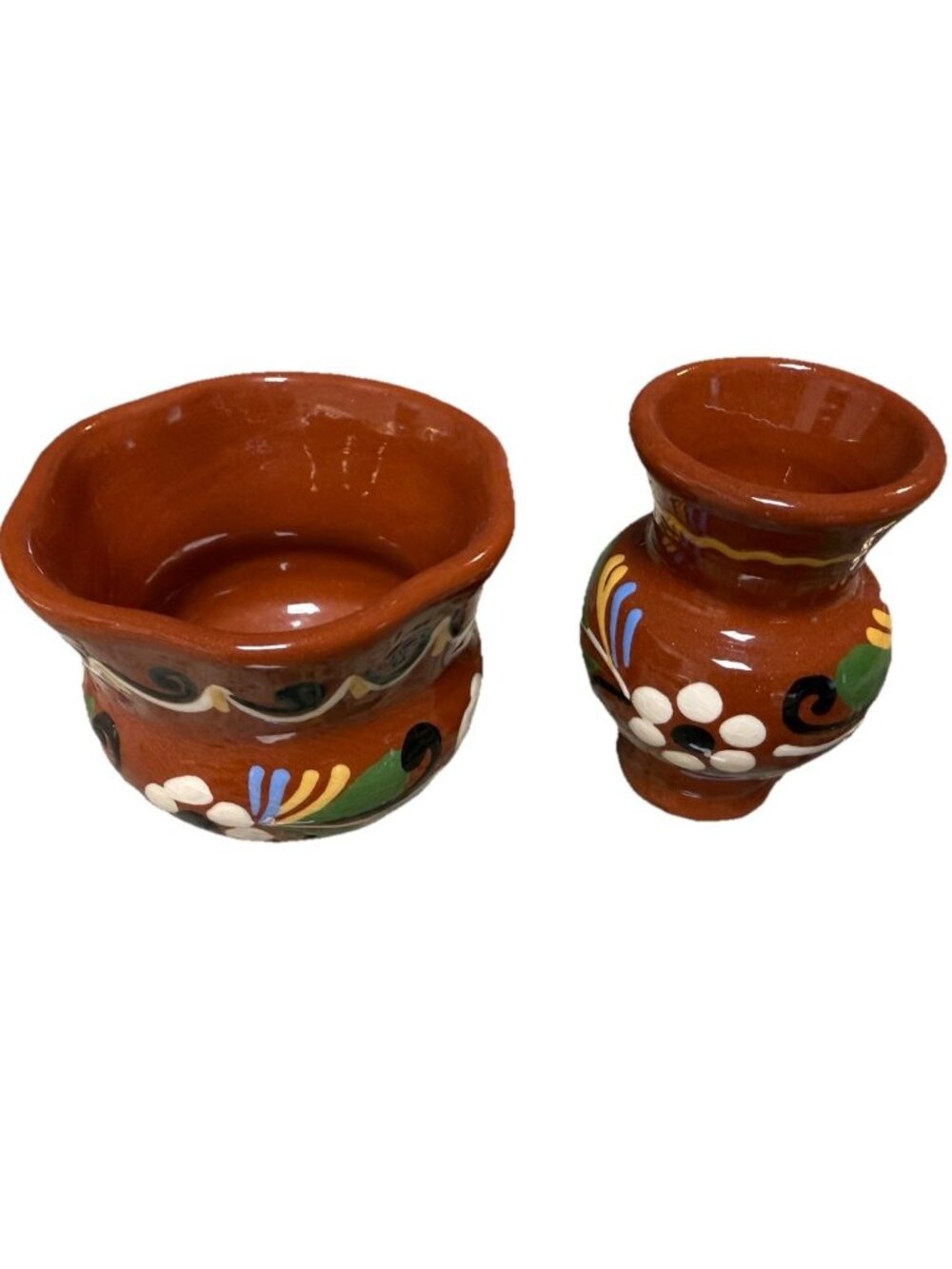 2 Vtg Switzerland hand painted Floral Signed Redware Small Vases Folk Art Kitsch